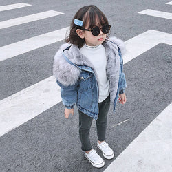 Kids Faux Fur Hooded Fleece Denim Coat Outwear