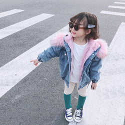 Kids Faux Fur Hooded Fleece Denim Coat Outwear