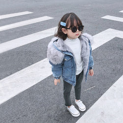 Kids Faux Fur Hooded Fleece Denim Coat Outwear