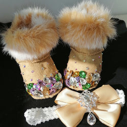 Faux Fur Crystallized Boots Set